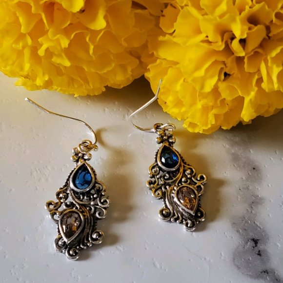 Sea Blue & Topaz Water Drop Earrings Vintage Look - Picture 1 of 8